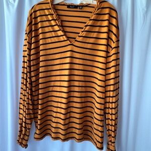 Ella Rafaella Long Sleeve Tan & Black Striped Top Ruffled Neck Elastic Cuffs XL
